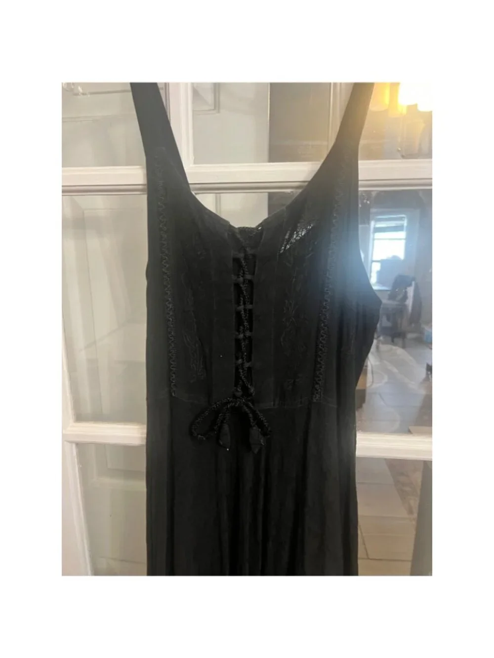Black Boho Lace Up Maxi Dress Embroidered Smocked Back Free Size REN Fair witchy - Picture 3 of 7